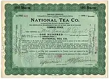 A 100-share National Tea Co. stock certificate from 1929.