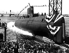 Image 47The launching ceremony of the USS Nautilus January 1954. In 1958 it would become the first vessel to reach the North Pole. (from Nuclear power)