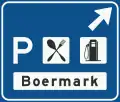 K3: Information sign for exit to motorway service area, showing the name of the rest area and symbols for the services offered (old)