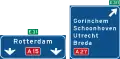 K4: High level motorway information sign showing lane instructions for through traffic and exit panel showing intermediary destinations, with the motorway number and European route numbers (old)