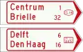 K7: Signposts for cyclists and moped riders (finger posts) showing local and intermediary destinations, municipal cycle route numbers (above) and showing intermediary destinations and intermediary cycle route numbers (below)