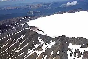 Aerial view of Sollipulli's ice-clad caldera