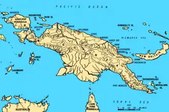 Map of New Guinea, with place names as used in English in the 1940s