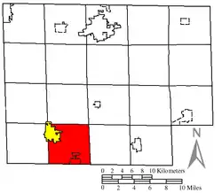 Location of New Haven Township (red) in Huron County, next to the city of Willard (yellow)