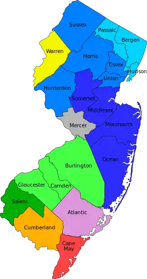 Image 4Metropolitan statistical areas and divisions of New Jersey; those shaded in blue are part of the New York City Metropolitan Area, including Mercer and Warren counties. Counties shaded in green, including Atlantic, Cape May, and Cumberland counties, belong to the Philadelphia Metropolitan Area. (from New Jersey)