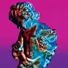 A stylised cherub statue against a pink and purple gradient background