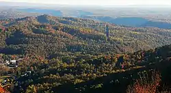 View from the top of Gauley Mountain, looking over the town of Ansted towards the New River Gorge Bridge nearly six miles away.