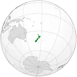 A map of the hemisphere centred on New Zealand, using an orthographic projection.