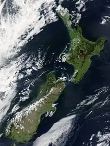 Islands of New Zealand as seen from satellite