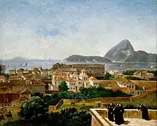 Franciscan friars look at the sea and city landscape from a terrace in Rio de Janeiro, Brazil, c. 1816