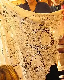 Knitted lace tablecloth based on the pattern "Lyra" by Herbert Niebling