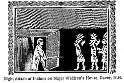 A woodcut of an older man in traditional sleeping clothes and nightcap confronting armed natives within his home