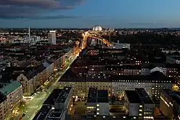 View of southern Södermalm, with Ericsson Globe (located in the borough of Enskede-Årsta-Vantör) in the background.