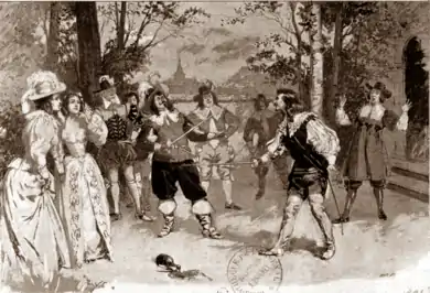 Drawing of an open-air duel between two swordsmen in 17th-century costume, with male and female spectators