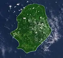 Satellite image showing a mostly green island surrounded by ocean