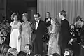 President Richard Nixon with First Lady Pat Nixon and daughters Julie and Tricia speaking at his inaugural ball in the Museum of History and Technology, now the National Museum of American History, January 20, 1973.