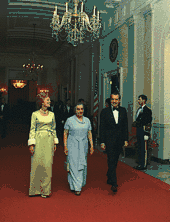 President Richard Nixon, First Lady Pat Nixon and Israeli Prime Minister Golda Meir walk to the State Dining Room prior to a state dinner, 1973