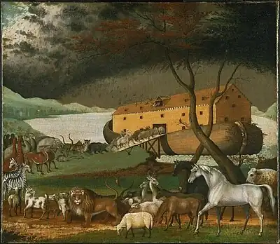 A painting by Edward Hicks showing the animals boarding Noah's Ark two by two