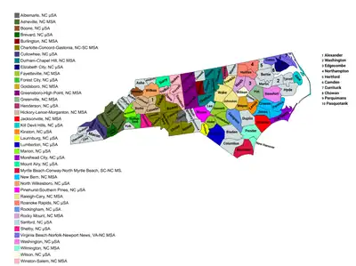 Map of the 39 core-based statistical areas in North Carolina.