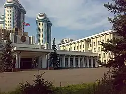 The emblem above the entrance to the North Korean embassy in Moscow.