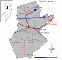 Location of North Plainfield in Somerset County highlighted in yellow (right). Inset map: Location of Somerset County in New Jersey highlighted in black (left).