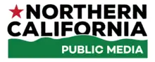 On two lines, a red star and the word NORTHERN in black above the word CALIFORNIA in black. Overlapping the word California is a green shape suggestive of hills, on which the words "Public Media" are displayed in white off to the right.