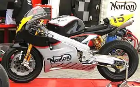 Michael Dunlop's updated Norton NRV588 rotary racer with Spondon frame and single, side-mounted rear suspension unit developed for the Norton company owner Stuart Garner, seen at the 2009 TT races