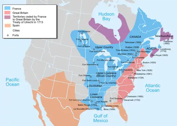 Image 34The colonial possessions of Britain (in pink), France (in blue), and Spain (in orange) as of 1750. The French later lost their possessions in North America to Britain following its defeat in the French and Indian War, fought from 1754 to 1763 (from History of Pennsylvania)