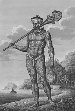 Nuku Hiva warrior with tattoo and his U'u.