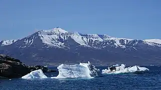 Qilertinnguit Kangilequtaa mountain on Nuussuaq Peninsula seen across Sarqarput Strait