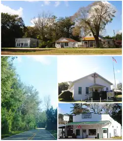 Top, left to right: Buildings near the main intersection of O'Brien, 226th Street, O'Brien Baptist Church, O'Brien Feed Depot & Hardware