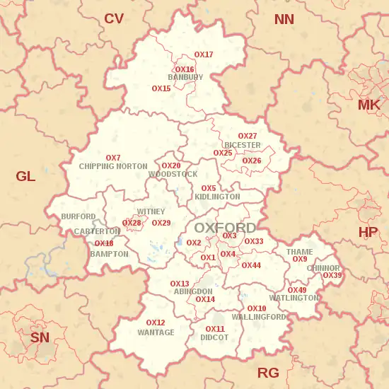 OX postcode area map, showing postcode districts, post towns and neighbouring postcode areas.