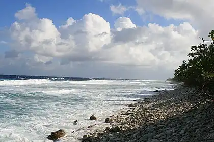 Image 3Ocean side of Funafuti atoll showing the storm dunes, the highest point on the atoll. (from Geography of Tuvalu)