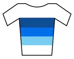 A white with blue sides and chest jersey