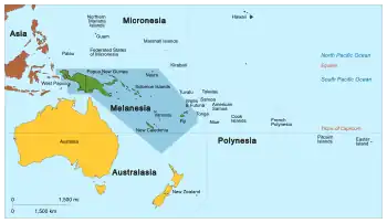 Image 18Regions of Oceania: Australasia, Polynesia, Micronesia, and Melanesia. Physiographically, Australasia includes the Australian landmass (including Tasmania), New Zealand, and New Guinea (from New Guinea)