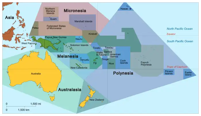 Image 8Subregions (Melanesia, Micronesia, Polynesia and Australasia), as well as sovereign and dependent islands of Oceania (from Polynesia)