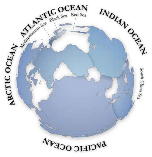 Image 17Oceans cover almost three quarters (71%) of the surface of the Earth, and nearly half of the world's marine waters are over 3000 m deep. This global, interconnected body of salt water, called the World Ocean, is divided by the continents and archipelagos into the following five bodies, from the largest to the smallest: the Pacific Ocean, the Atlantic Ocean, the Indian Ocean, the Southern Ocean, and the Arctic Ocean.  Official boundaries are defined by the International Hydrographic Organization. (Credit: Alexandre Van de Sande.) (from Portal:Earth sciences/Selected pictures)