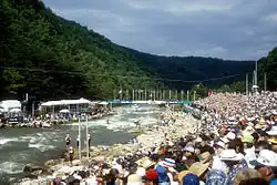 Finish line for 1996 Olympics.  Midstream camera is mounted on the boulder in Humongous Rapid.