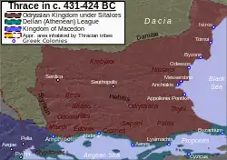 Image 56Thrace and the Thracian Odrysian kingdom in its maximum extent under Sitalces (431-424 BC) (from History of Turkey)