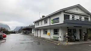 Two-story building with gabled roof