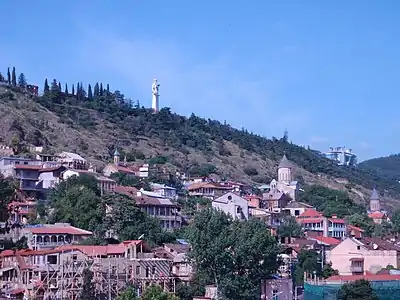 View of Saint George (center left) and two other churches in Old Tbilisi: Holy Mother of God (Bethlehem) (center right) and Lower Betlemi church. (far right)