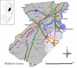 Location of Old Bridge CDP in Middlesex County highlighted in yellow (right). Inset map: Location of Middlesex County in New Jersey highlighted in black (left).