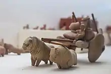 Image 22Clay and wood model of a bull cart carrying farm produce in large pots, Mohenjo-daro. The site was abandoned in the 19th century BC. (from History of agriculture)