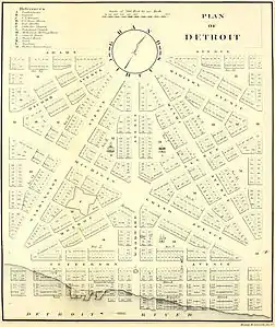 Augustus Woodward's plan following the 1805 fire for Detroit's baroque styled radial avenues and Grand Circus