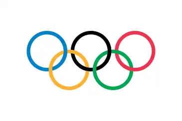 Olympic Flag(white flag, charged with the Olympic rings in blue, yellow, black, green, and red, representing the five continents Europe, Asia, Africa, America, and Oceania)