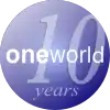 A round blue orb with the text "10 years" printed behind the word Oneworld as a watermark