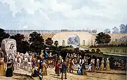 Painting of Skerne Bridge with spectators watching the first train cross