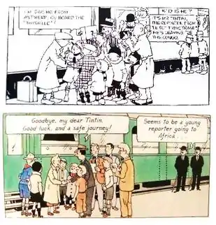 Two comic book frames; the same basic scene of a young man being seen off at a railway station is depicted, but one image is in black and white while the other is in colour.