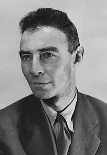 Image 10J. Robert Oppenheimer, principal leader of the Manhattan Project, often referred to as the "father of the atomic bomb". (from Nuclear weapon)