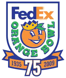 White shield bearing the FedEx and Orange Bowl logos. Below it is a ribbon inscribed with 1935 and 2009, separated by a white 75.